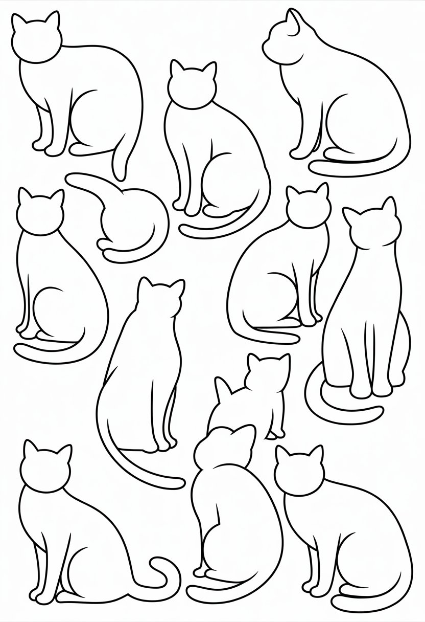 Printable Cute Cat Coloring Pages 20 Best Designs for All Ages 26 Several cats sitting in different poses with their tails curled around them.